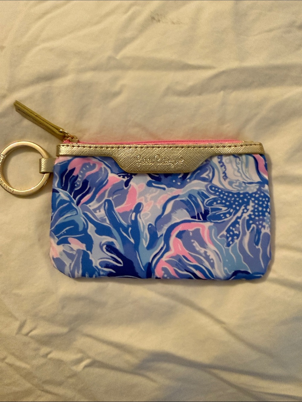 Lilly Pulitzer Blue Pink Floral Key Pouch with Gold Trim